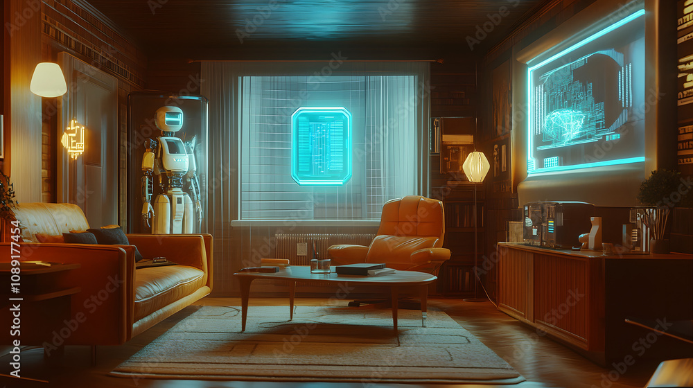 Poster A 70s-style home with a robotic AI assistant in 3D, surrounded by 2D vintage graphics and interactive holograms. 4k resolution, Cinematic Scene