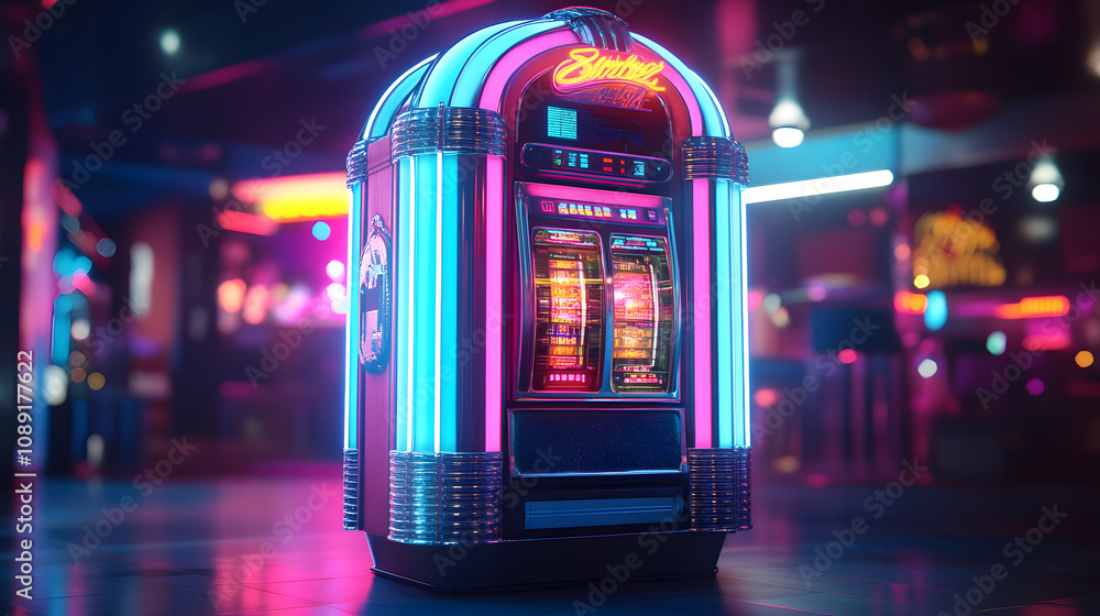 Poster a retro-futuristic ai-powered jukebox in 3d, displaying 2d holographic visuals of song selections an