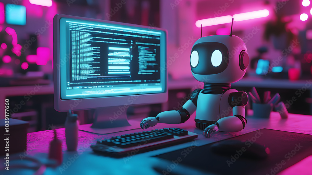 Poster A 3D robot operating a 90s-themed desktop computer, with layered 2D effects representing real-time data processing. 4k resolution, Cinematic Scene