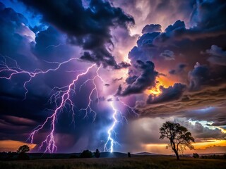 Dramatic Thunderstorm Lightning Strikes Illuminating a Stormy Night Sky with Silhouette of Trees and Landscape in Foreground