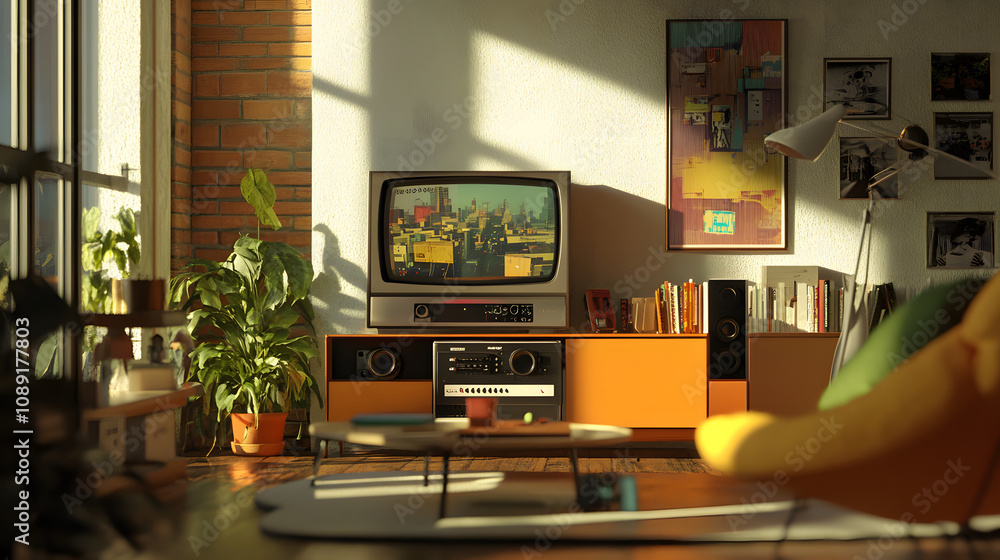 Poster a nostalgic living room scene with a vhs player connected to an ai-enhanced system, rendered in 3d a