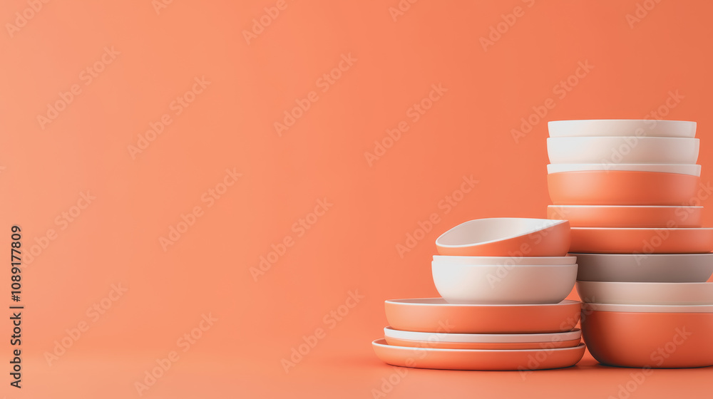 Aufkleber custom handmade ceramics stacked neatly on a smooth gradient background with soft orange and white t