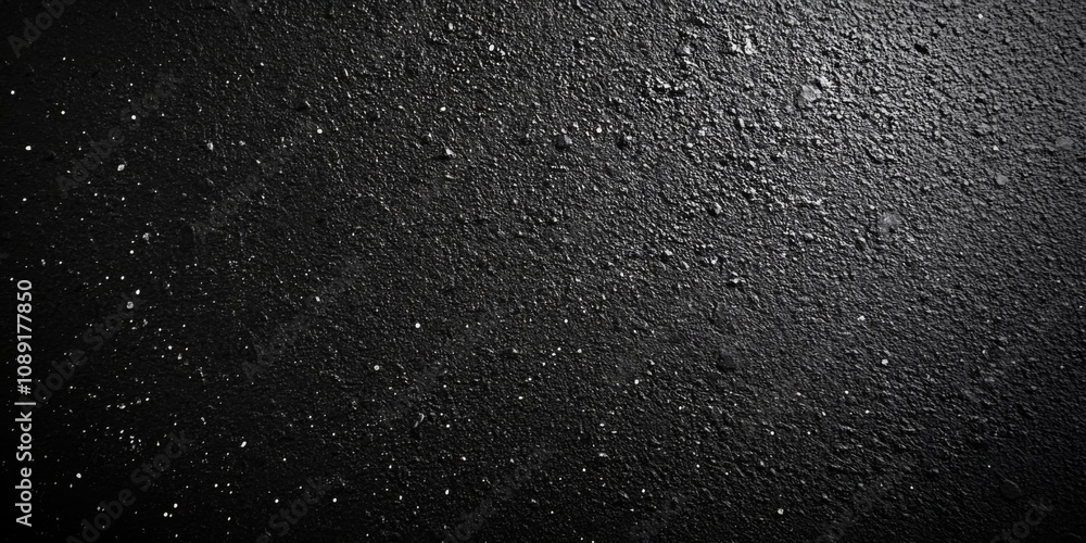 Poster close-up of textured black surface with rough and uneven texture, white dots scattered - dark and my