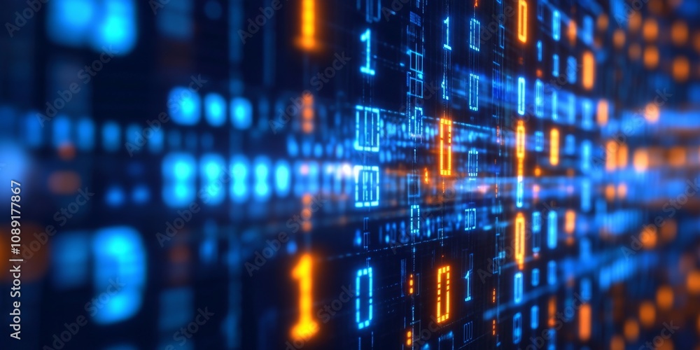 Poster digital screen filled with vibrant binary code in blue, orange, and yellow, creating a futuristic an