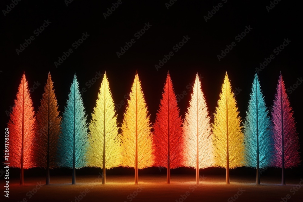 Poster a vibrant display of colorful trees against a dark background, showcasing a spectrum of hues that cr