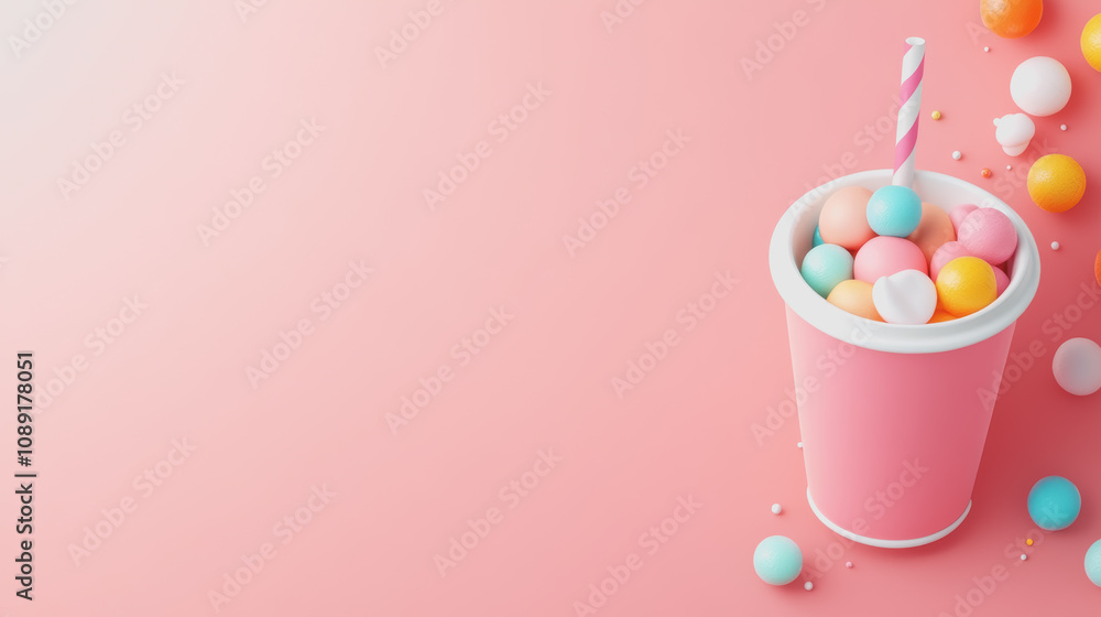 Poster colorful handmade crafts in a cup on smooth pink gradient background featuring 3d elements and playf