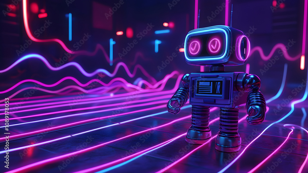 Poster A robot with a Walkman in a 90s-themed scene, rendered in 3D and surrounded by 2D neon sound wave visuals. 4k resolution, Cinematic Scene