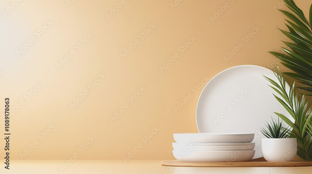 Poster elegant display of handmade ceramics on a smooth gradient background with greenery accents for a cus