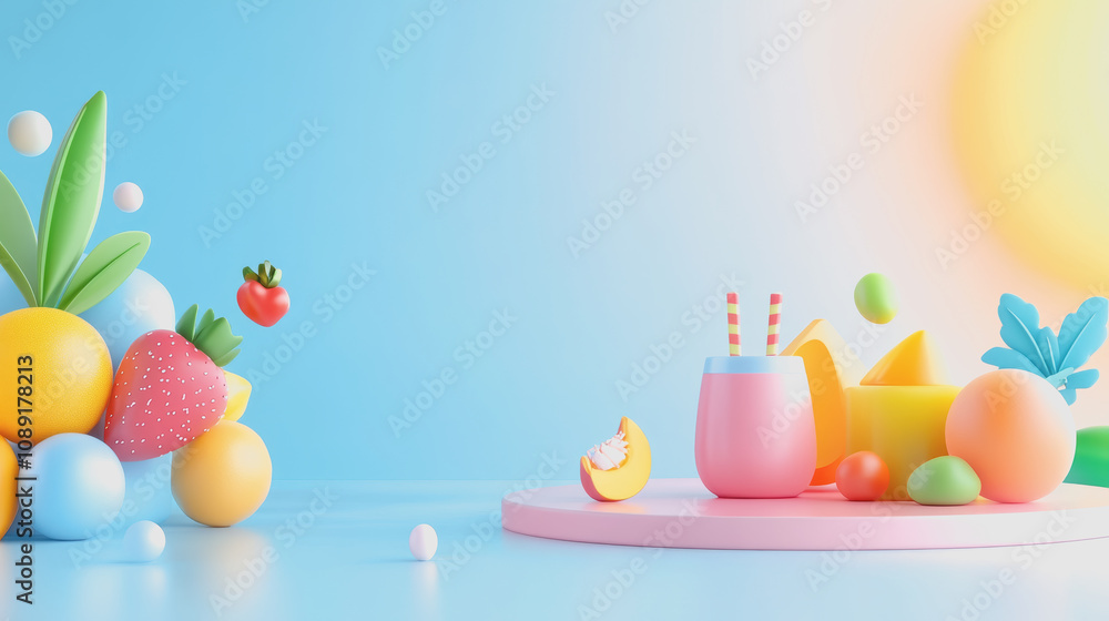 Poster vibrant 3d scene with colorful fruits and shapes on a smooth gradient background, ideal for custom c