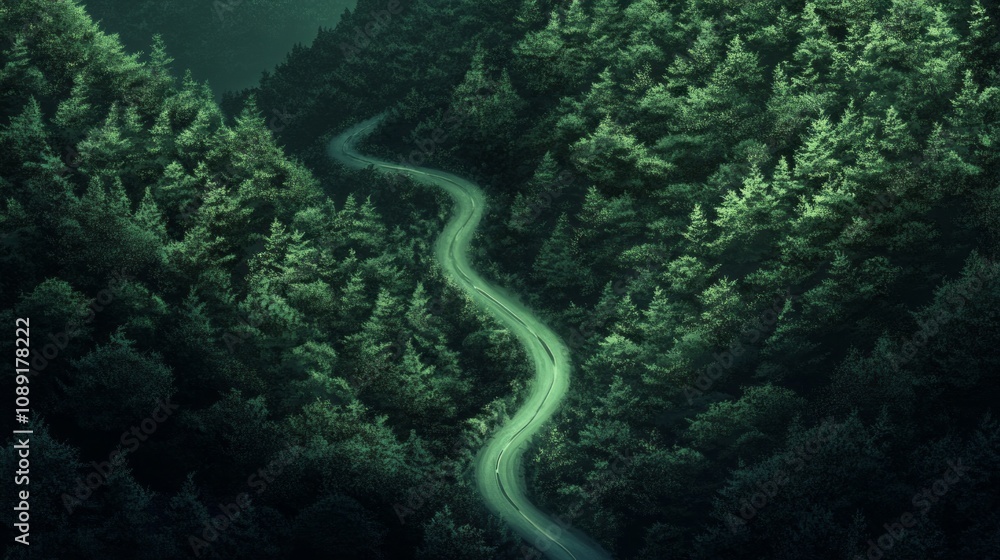 Poster a winding road through a forest with trees on both sides