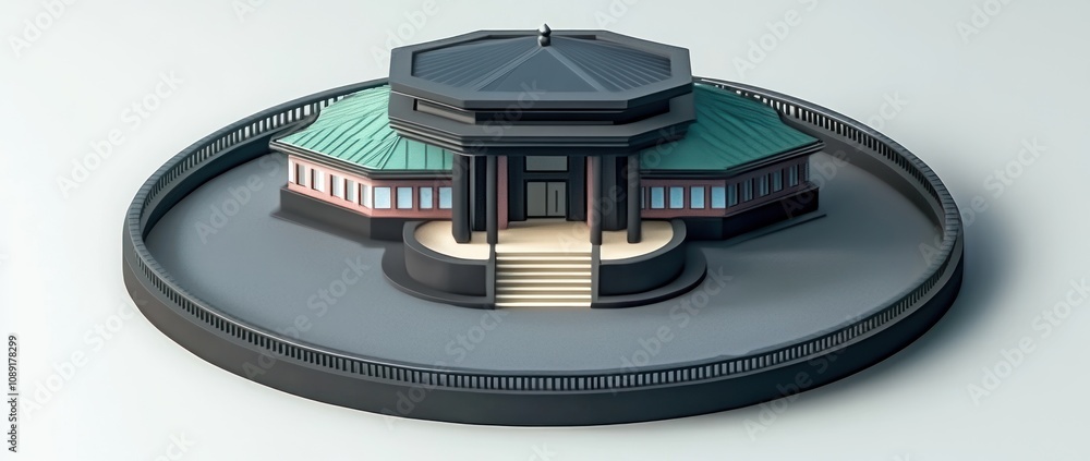 Poster A stylized octagonal building with a circular base and steps, possibly a pavilion or temple.