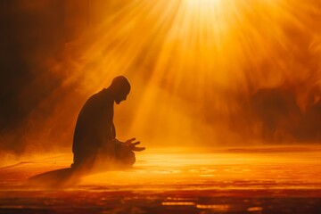 Silhouette of a Muslim Man Praying on His Knees