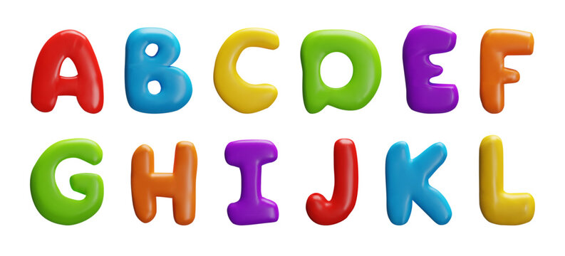 Vector 3D illustration of the English alphabet with thick multi-colored plastic letters.