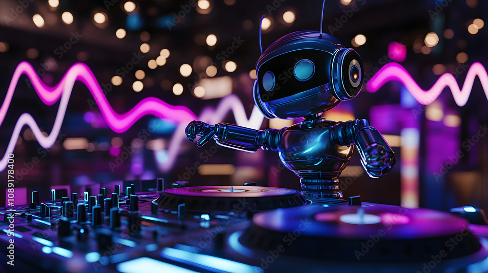 Poster A 3D robot DJ spinning vinyl records at a retro-themed event, surrounded by 2D visualizations of sound waves. 4k resolution, Cinematic Scene