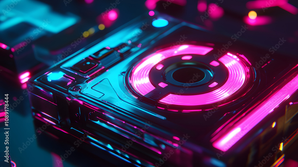 Poster A futuristic cassette tape powered by AI, rendered in 3D with glowing 2D effects symbolizing data playback. 4k resolution, Cinematic Scene