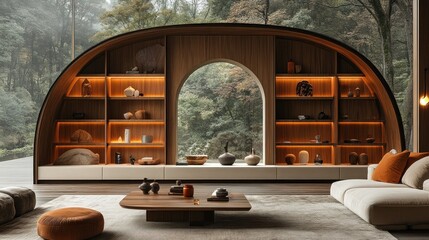 Modern living room with arched wooden shelving unit, showcasing collectibles against a serene forest backdrop.