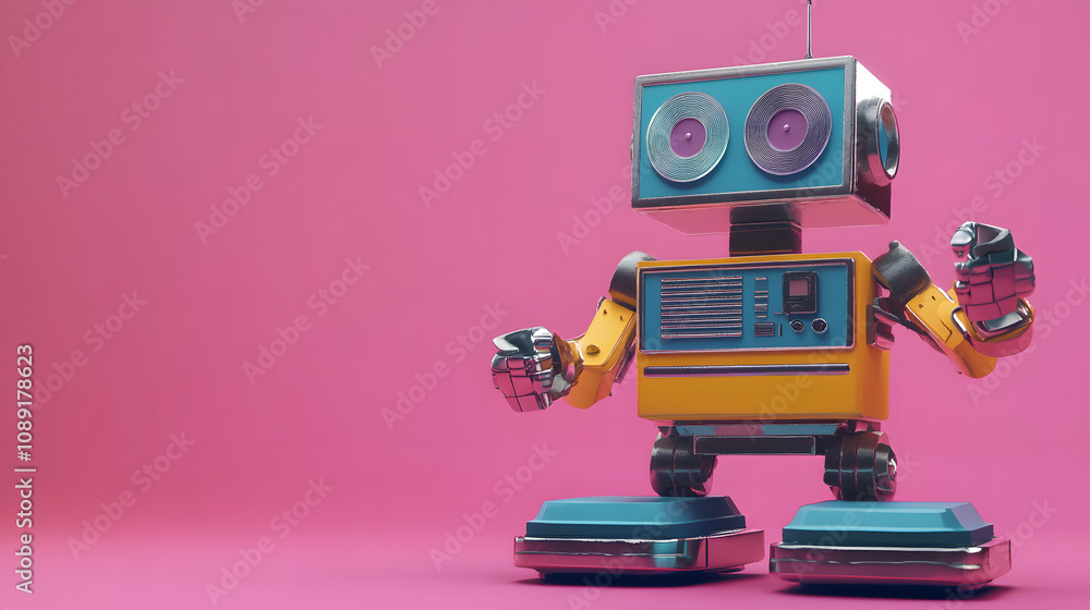 Poster a 70s-inspired robot using ai-powered vinyl record technology, rendered in 3d with 2d audio effects.