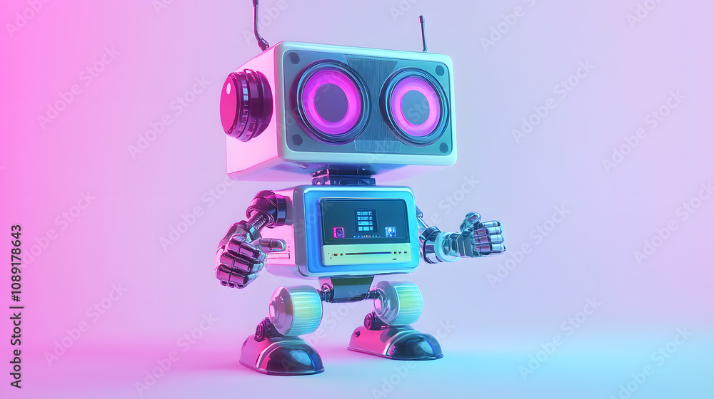 Poster a 70s-inspired robot using ai-powered vinyl record technology, rendered in 3d with 2d audio effects.