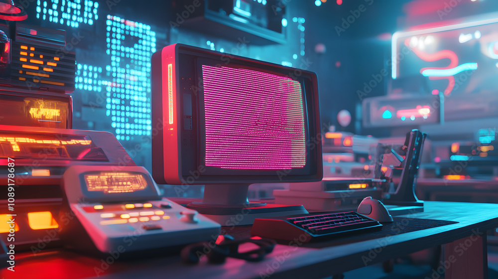 Aufkleber A retro gaming setup with a joystick and CRT monitor, enhanced by 3D-rendered AI capabilities and 2D overlays of glowing data. 4k resolution, Cinematic Scene