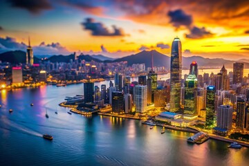 Fototapeta premium Dusk View of Victoria Harbor with a Stunning Tilt-Shift Perspective of Hong Kong’s Skyline and Architecture, Capturing the Urban Landscape in a Unique City Travel Concept