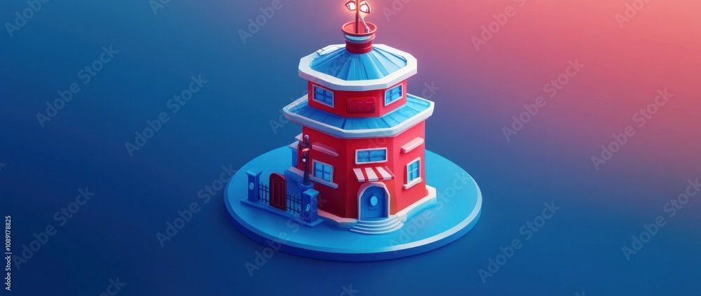 Aufkleber A colorful, stylized building with a tower and decorative elements on a circular base.