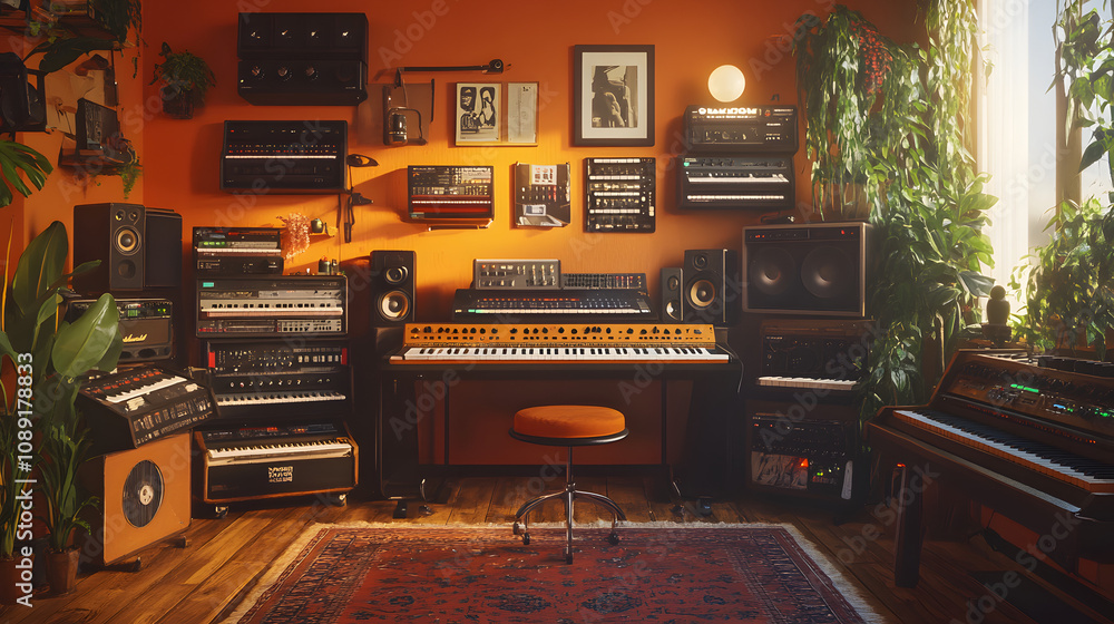 Poster a nostalgic music studio with analog equipment and ai-powered synthesizers, rendered in 3d with 2d v
