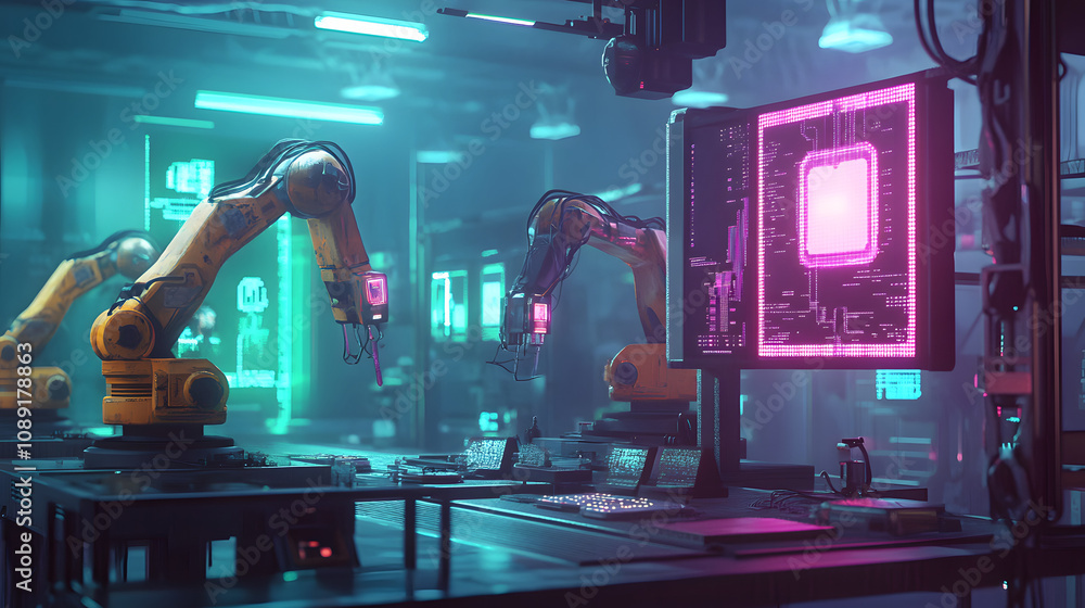 Poster a colorful 80s-themed ai-powered factory with 3d-rendered robotic arms and glowing 2d animated holog