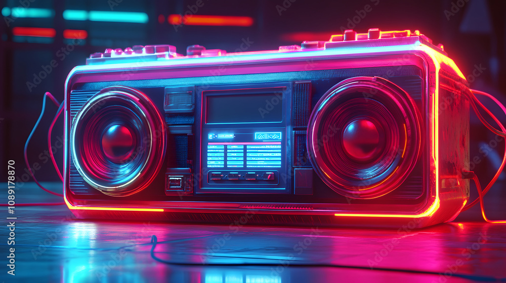 Poster a futuristic digital assistant integrated into a 90s boombox, rendered in 3d with 2d glowing sound d