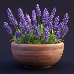 Fototapeta premium Vibrant Lavender Bouquet in Wooden Bowl