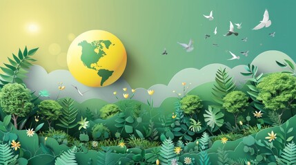 Naklejka premium Papercut Illustration of a Lush Green Landscape