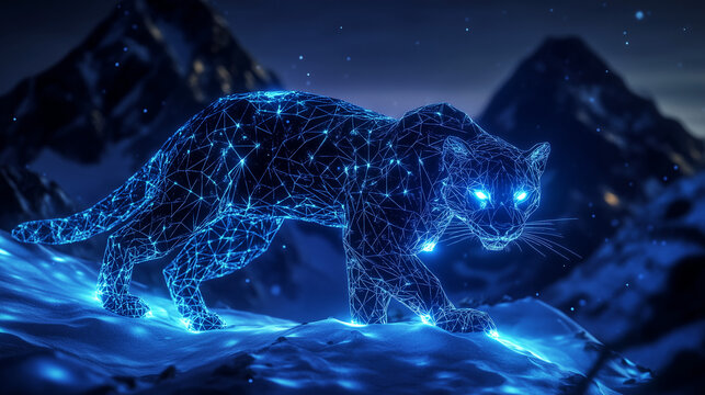 Snow leopard in a futuristic polygonal style, composed of glowing geometric lines and triangular patterns, mountainous background with a high-tech atmosphere