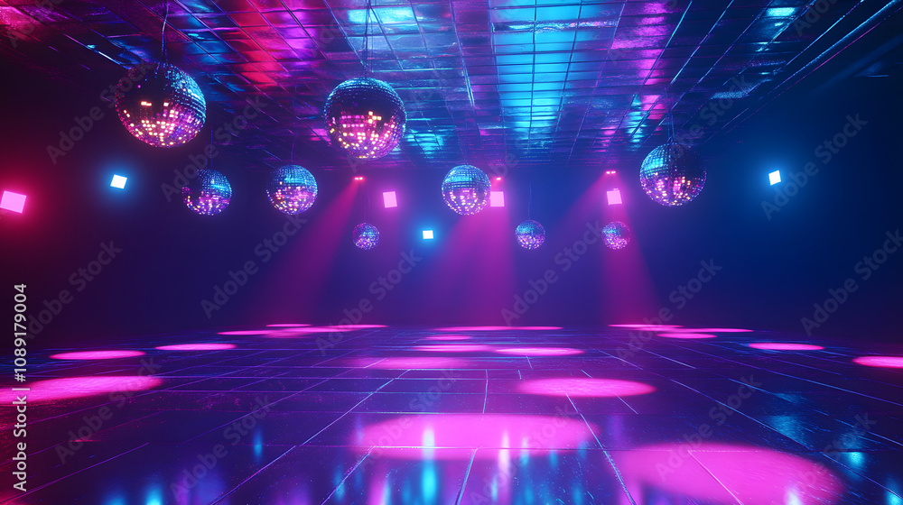 Poster a vibrant disco with 70s-inspired ai lighting systems, combining 3d details with 2d animated pattern