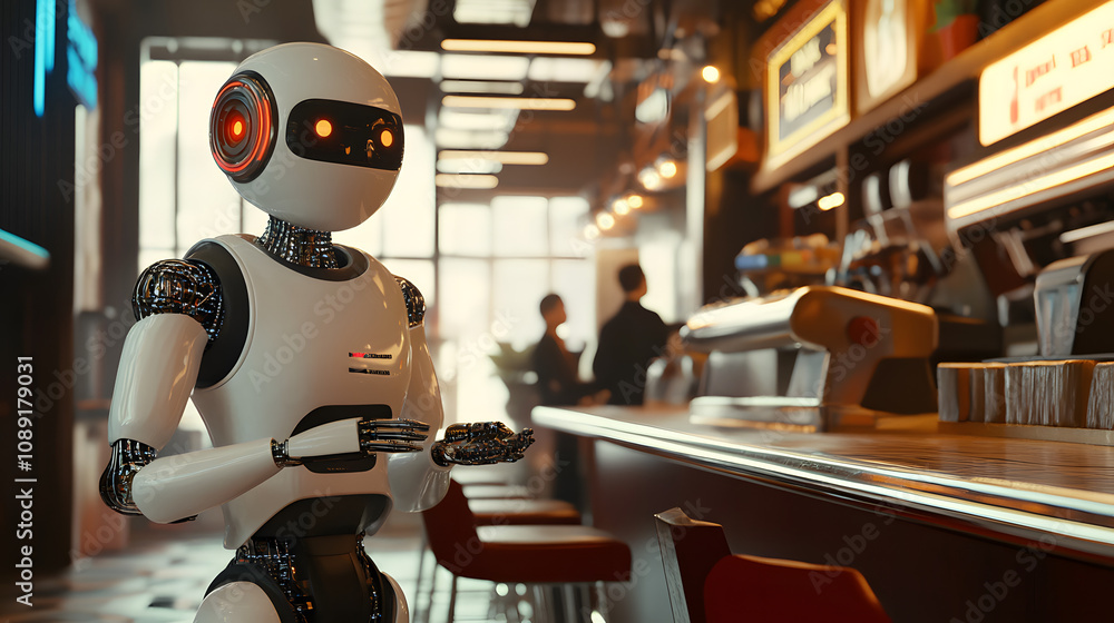 Leinwandbilder A retro cafe scene with AI robots as waiters, rendered in 3D with 2D layers visualizing their interactions with customers. 4k resolution, Cinematic Scene