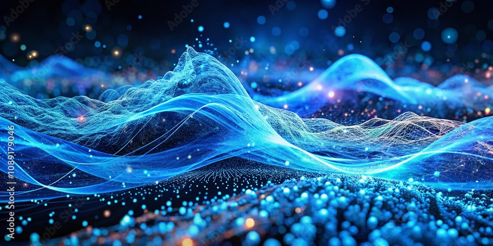 Poster dynamic blue wavy network particles animation showcasing connectivity and fluid motion in abstract d