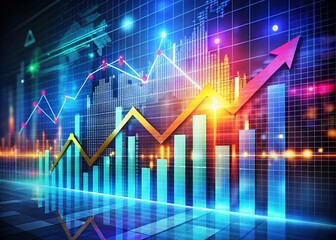 Fototapeta premium Dynamic Double Exposure Photography Showcasing a Digital Growth Chart with Vibrant Arrows on a Grid Background, Representing Financial Progress and Data Insights