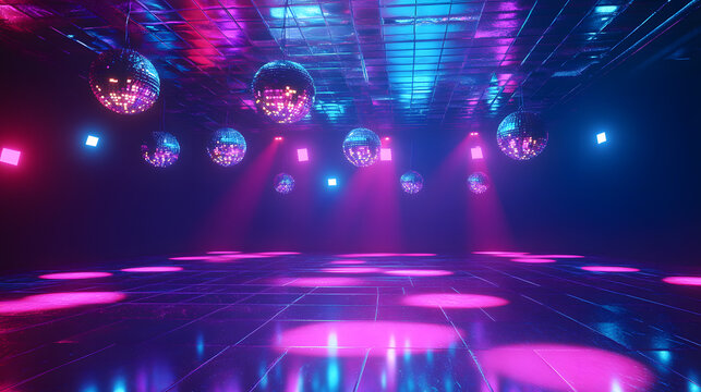 A vibrant disco with 70s-inspired AI lighting systems, combining 3D details with 2D animated patterns on the dance floor. 4k resolution, Cinematic Scene