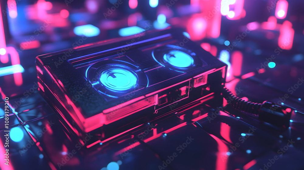 Aufkleber A dynamic AI-powered digital assistant rendered as a cassette player in a 90s environment, surrounded by glowing 2D effects. 4k resolution, Cinematic Scene