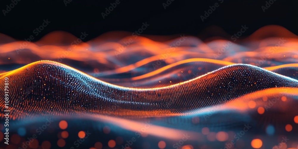 Poster dynamic futuristic wave pattern with vibrant dots on black background - abstract digital art