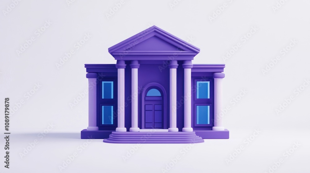 Poster a stylized purple building with columns and a front staircase, resembling a classical structure.