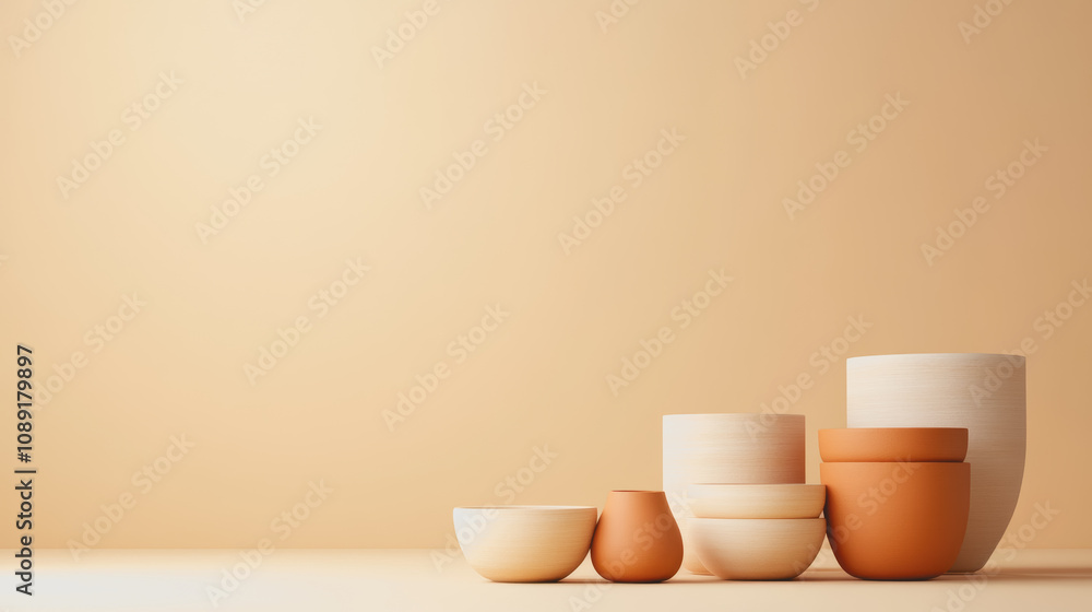 Poster elegant display of smooth artisan handmade pots and bowls on subtle gradient background, capturing t