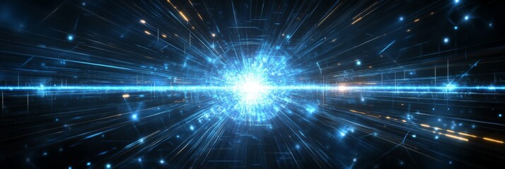 Naklejka premium Bright blue light explosion in dark blue abstract digital art with radial light rays and starry night effect.