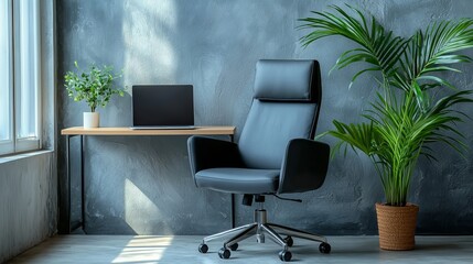Fototapeta premium Modern Home Office Setup Featuring a Black Ergonomic Chair, Minimalist Desk, Potted Plant, and Laptop on a Bright Sunny Day with a Stylish Gray Wall Background