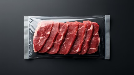Sliced beef brisket in a vacuum-sealed bag with visible fat marbling on a smooth black backdrop, Photorealistic