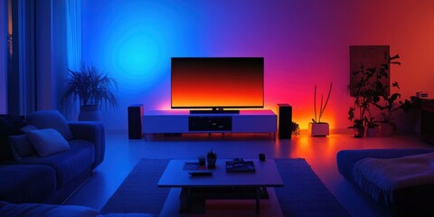 Minimalist living room with a sleek smart TV, ambient lighting, and a clean aesthetic, future home,