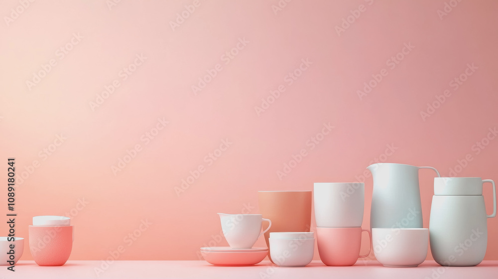 Aufkleber handmade ceramics on a smooth gradient background featuring various shapes and sizes in soft pastel 