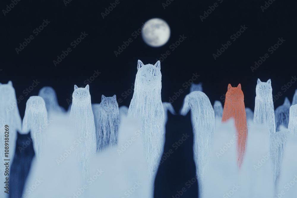 Poster a group of cats are standing in a field with a full moon in the background