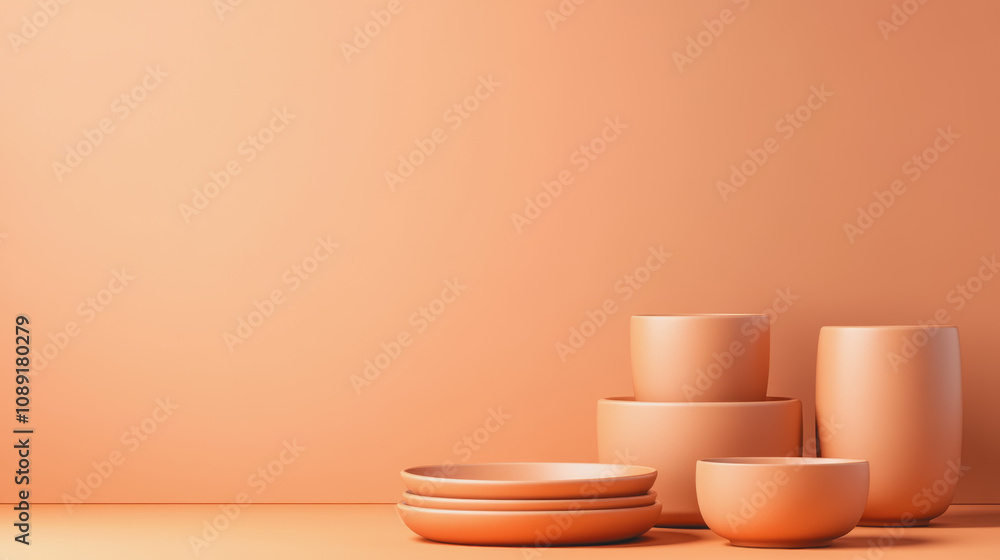 Aufkleber handmade ceramic tableware on smooth gradient background featuring various shapes and sizes for mode