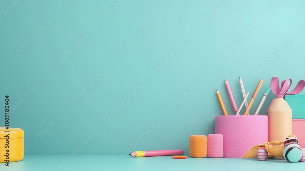 Poster colorful crafts and handmade materials arranged on a smooth gradient background for creative project