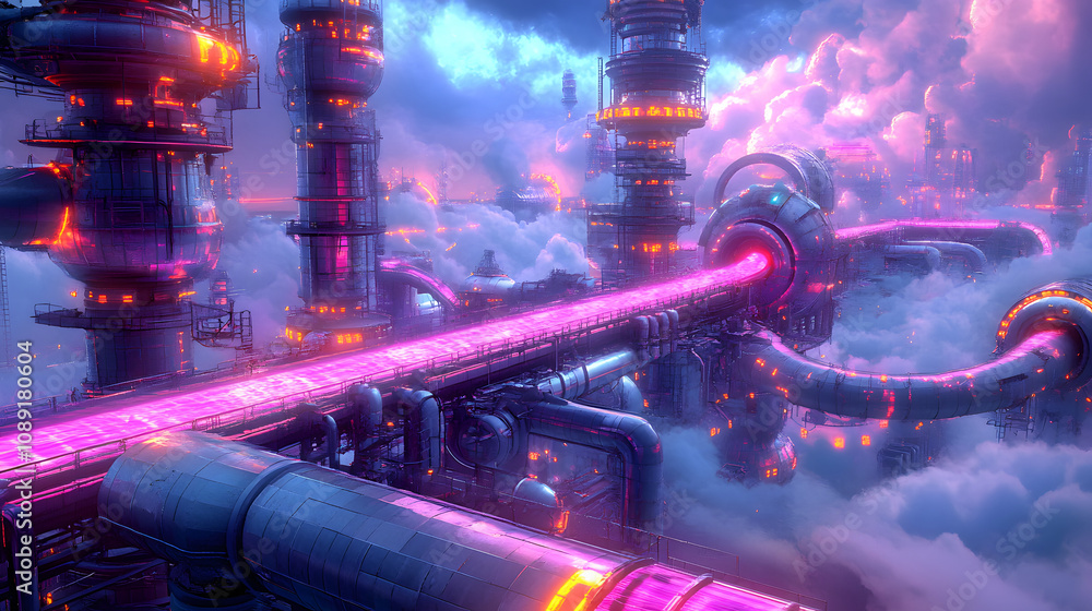 Poster a hyper-futuristic industrial landscape with glowing neon pipelines and floating structures, set aga