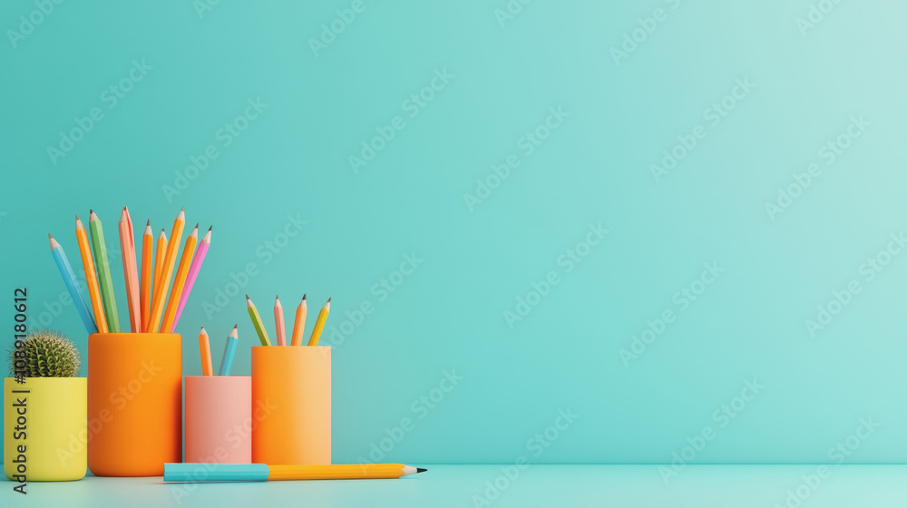 Poster colorful and creative workspace featuring various craft supplies and tools arranged on a smooth grad